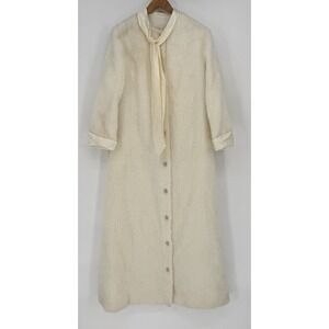 60s Faux Shearling Coat Lori Till Cream Tie Neck Satin Cuffs Buttons Women's 14